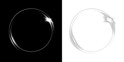 White glowing ring PNG with sparkles and bokeh light trail on transparent background. Shiny circular frame, luminous aura, elegant swirl for overlay or decoration.