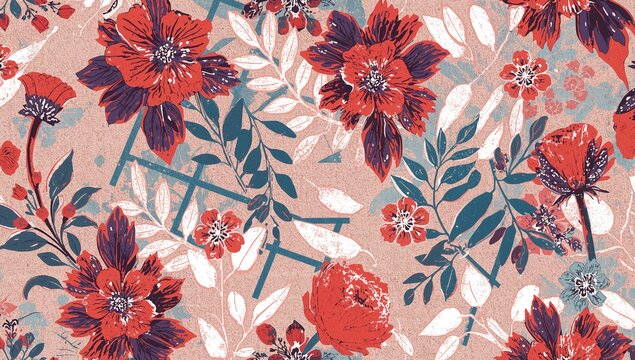 Vintage grunge backdrop featuring abstract floral designs with white leaf patterns, blue geometric shapes, and classic floral motifs for a stylish wallpaper