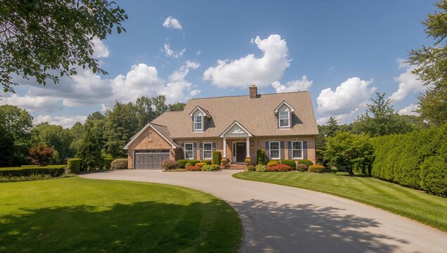 Detached family house with landscaped yard and short driveway, suburban living,