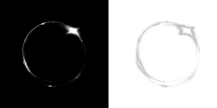 White swirl light ring PNG with shiny particles and glowing aura. Isolated transparent circular frame for luxury, minimal, or futuristic background.
