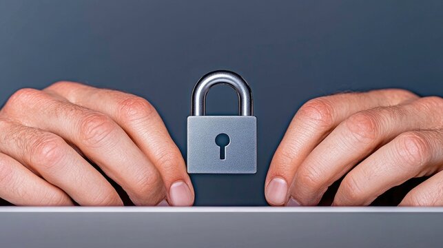 Close-up of hands engaging with a laptop while emphasizing digital security through a padlock icon on a deep blue background