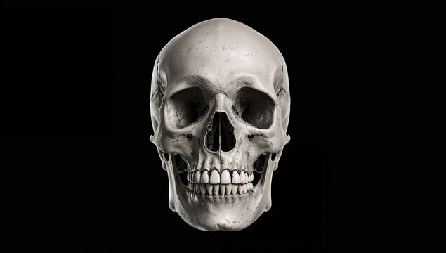 Isolated human skull on monochrome backdrop, anatomical study,