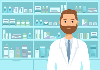 Pharmacist in uniform at drugstore. Vector cartoon flat illustration.