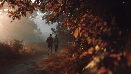 Back view of an athletic couple jogging on a scenic trail through a misty autumn forest, with warm morning sunlight filtering through the trees, creating a peaceful and inspiring atmosphere - Powered by Adobe