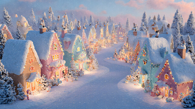 AI-generated image of a winter wonderland of Christmas spirits, where gingerbread houses and candy cane trees come to life