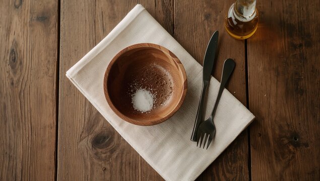 Rustic wooden table arrangement featuring an empty bowl, salt, and pepper grinder with utensils and oil, suitable for a minimalist dining setup