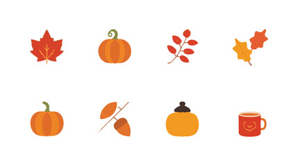 Collection of Autumn Themed Flat Icons Featuring Pumpkin, Leaf, Drink, Flower, and Fall Elements Perfect for Seasonal Greetings, Decoration, and Thanksgiving