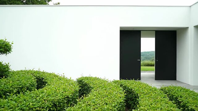 Modern white building facade featuring a black sliding door opening to a lush green landscape. Curved boxwood hedges line the pathway