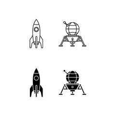 Rocket and Space Lander Icons Set: Collection of Black and White Line and Glyph Vector Symbols Representing Space Travel, Exploration, Technology, Science, and Launch Vehicles. © cheng