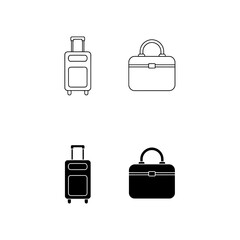 Luggage and Briefcase Icons Set: Collection of Black and White Line and Glyph Vector Symbols Representing Travel Bags, Business Cases, Suitcases, and Baggage for Trip and Work.