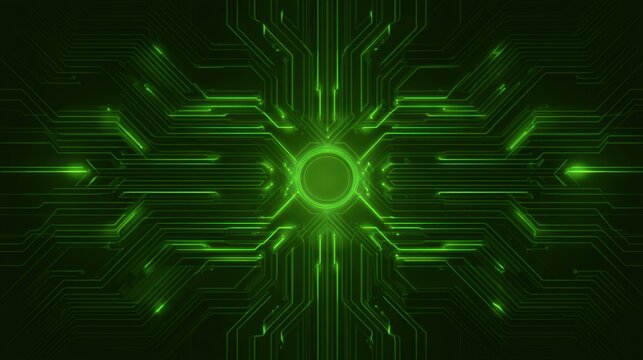 Abstract green circuit pattern with glowing lines and central circle, futuristic technology design for digital backgrounds and wallpapers