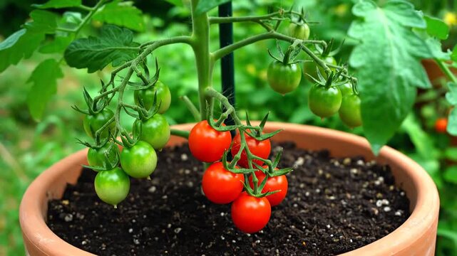Cherry tomato plant developing from flowering to fruit ripening. Fresh organic vegetable cultivation in a pot showing the plant's life cycle