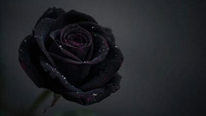 Black bukarra rose with water droplets, symbolizing resilience against environmental challenges