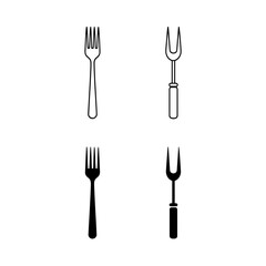 Fork and Meat Fork Icons Set: Collection of Black and White Line and Glyph Vector Symbols Representing Cutlery, Kitchen Utensils, Dining Tools, and Food Preparation Equipment.