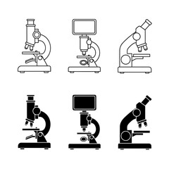 Microscope Icons: Outline and Glyph Vector Set for Science, Laboratory, Biology, and Medical Research Technology and Education.