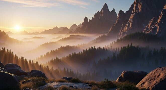 Breathtaking sunrise casting golden light over a serene mountain range with mist-filled valleys and a dense pine forest