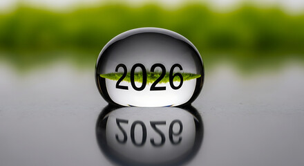 Clear water drop reflecting the year 2026 with a hint of green growth, symbolizing future hope and environmental awareness.