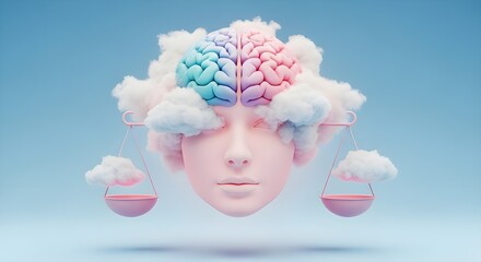 Expressive digital art of a calm brain surrounded by soothing pastel clouds, soft lighting, and gentle gradients conveying mindfulness and balance