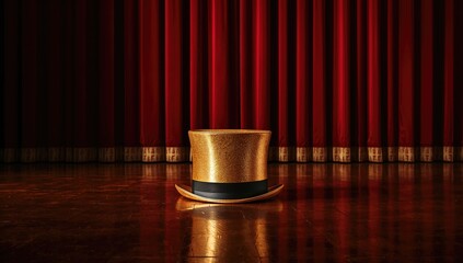 A golden top hat placed on a stage, emphasizing theatrical performance