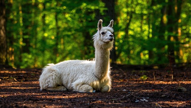 A fluffy white llama rests on the forest floor, showcasing a peaceful wildlife habitat