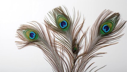 Fototapeta premium Three peacock feathers arranged on a light shaded background, suitable for editorial design