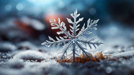 Macro shot of icy snowflake on sparkling snow.