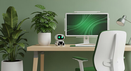 Modern home office with plants, a robot assistant, and a computer displaying code