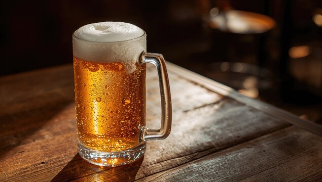 Beer glass placed on a wooden surface under sunlight, reflecting a relaxing outdoor atmosphere