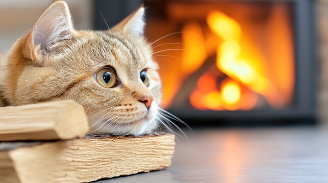 Curious cat mesmerized by flickering flames in cozy fireplace setting