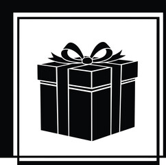 Monochrome black gift box icon with a bow and ribbon in a stylish square frame, symbolizing a present, special offer, reward, or surprise package.