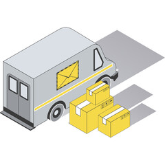 Gray Delivery Van With Yellow Mail Slot Parked Next To Stack Of Cardboard Boxes For Shipping And Logistics Services On A Transparent Background