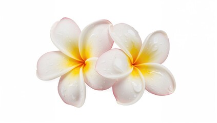 Fototapeta premium Frangipani flowers with droplets on a white backdrop, suitable for editorial header background