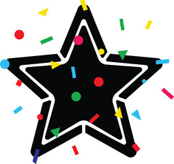 Bold black star icon with a double outline, filled and surrounded by vibrant, colorful confetti, symbolizing a festive party, success, and event celebration.