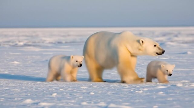 Polar bear family walking on snow and ice with cubs arctic wilderness wildlife scene winter environment - Powered by Adobe