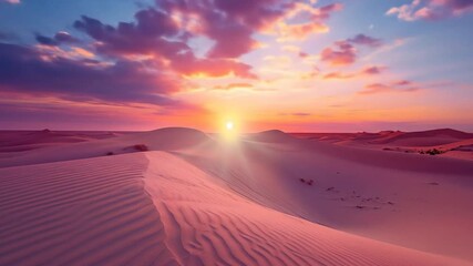 Breathtaking desert sunset with vibrant pink and orange sky illuminating vast sand dunes and soft ripples under warm light. - Powered by Adobe