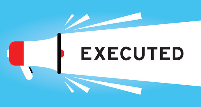 Color megaphone icon with word executed in white banner on blue background