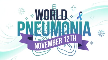 Obraz premium World Pneumonia Day – bold blue-green text, medical lungs, purple ribbon and simple background for November 12 event
