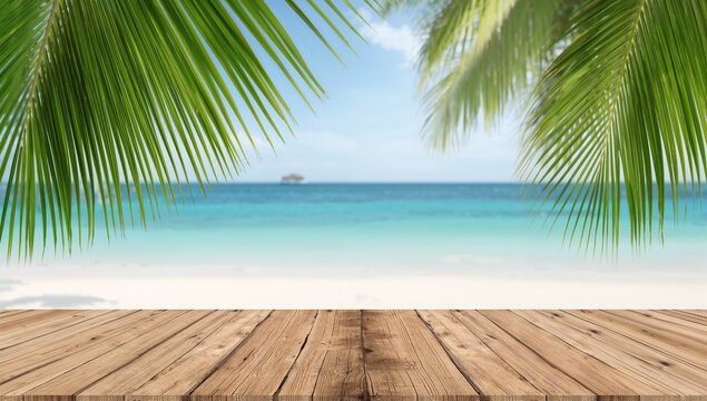 Wooden bar table set against a blurred beach backdrop with coconut foliage, ideal for summer dining