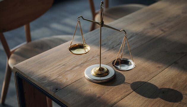 Scales of Justice on a Wooden Table