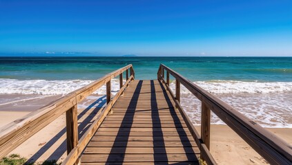 Obraz premium Wooden Footbridge leading to a beach, focus on accessibility