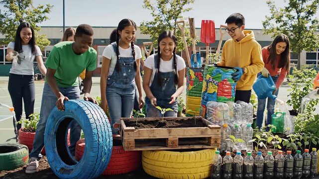 Diverse group of teenage students collaborating on an environmental project. Young volunteers gardening together and using recycled materials