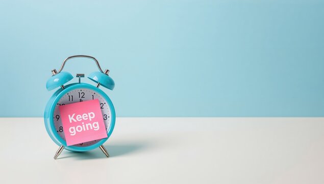 A blue alarm clock positioned next to a pink sticky note with the phrase Keep going, productivity reminder