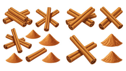 A collection of realistic cinnamon sticks and piles of ground powder, showing the aromatic spice in different forms.