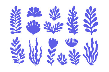 Set of blue abstract botanical shapes including stylized leaves, flowers and seaweed