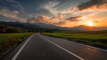 Vibrant photo of picturesque road leading to mountains under a cloudy sky at sunset time