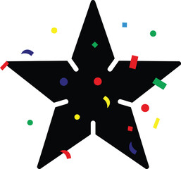 Rounded black star shape vector with colorful exploding confetti, symbolizing a festive occasion, fun party, happy holiday, or event celebration.
