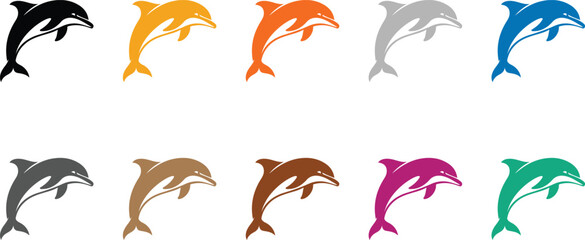 Dolphin icons group in various colors, Bright sea animal silhouette vector design