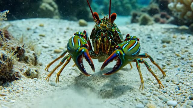 The main subject of the survey is the mantis shrimp. The mantis shrimp is located in the foreground, its characteristic striped body and large, powerful claws are clearly visible.In the background, yo