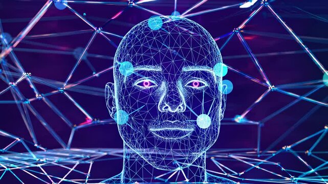 Futuristic digital animation of a wireframe human face with glowing lines and nodes, viewed from the front. Concept of AI and technology. Video.