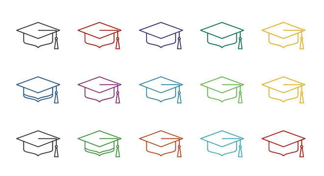 Collection of minimalistic linear pictograms of academic caps in various vivid colors, representing graduation, education, and achievement. These icons are perfect for web design, graphic design